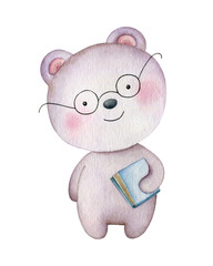 Bear with glasses holding a book. Watercolor illustration isolated on white background.