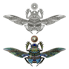 Decorative flying scarab beetle with diamond for coloring. Isolated insect on white background. Egyptian symbol. Zentangle style. Vector illustration.