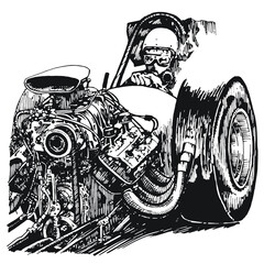 Illustration of a front engine vintage nitro burning drag racing car