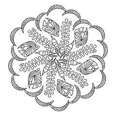 Sea mandala Coloring page. Anti stress coloring book for adult and children . Monochrome Vector illustration.