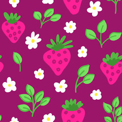 Seamless strawberry pattern with flowers leaves and twigs in retro style