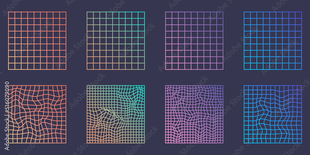 Poster distorted grid square neon pattern. warp futuristic geometric square glitch. abstract modern design.