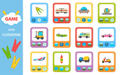 Educational game for kids with clothespins. Match the transport going, floating, flying. Vector illustration. Activity for pre s hool years kids and toddlers