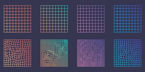 Distorted Grid Square Neon Pattern. Warp Futuristic Geometric Square Glitch. Abstract Modern Design. Wave Ripple Perspective Square. Isolated Vector Illustration