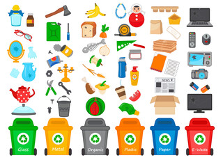 Vector illustration with garbage containers for e-waste, plastic, metal, glass, paper, organic trash. Garbage sorting set. Zero waste and environmental protection concept.