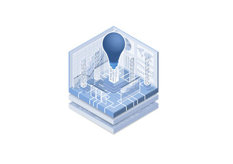 Technology innovation concept. Vector illustration of an isometric cube. Symbol of a light bulb. Ideation of new digitization ideas.