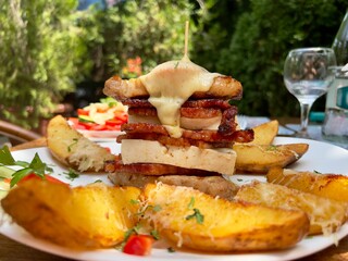 grilled meat and cheese in form of burger with potatoes and salad