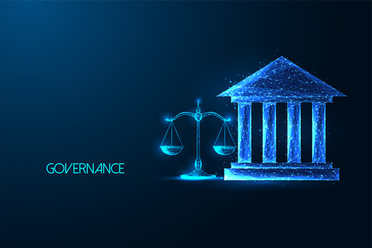 Concept of court, law regulations, compliance with court building and justice scale on dark blue 