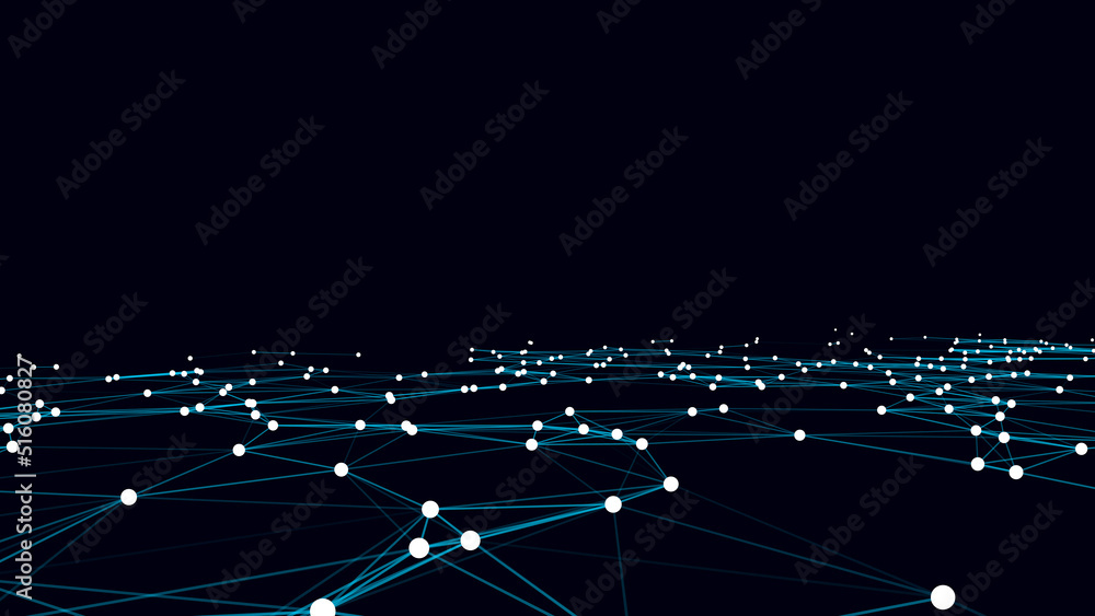 Poster abstract futuristic wave with moving dots and lines. flow of particles. vector cyber technology illu