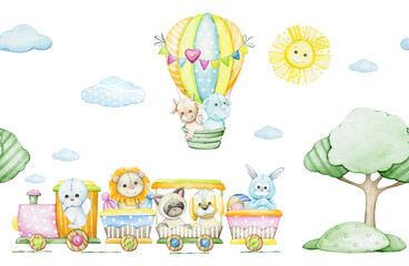 Fototapety  animals, train, balloon, cartoon style. Watercolor seamless pattern, on an isolated background.
