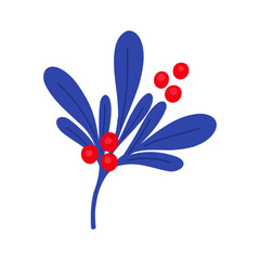 Vector illustration with a sprig of holly and red berries in a flat style on a white background.