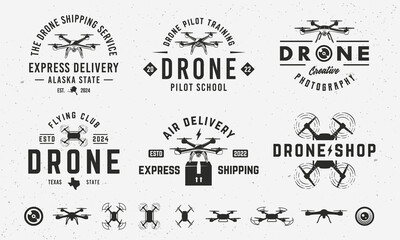 Vintage hipster logo templates and 6 design elements for drone business. Drone, UAV emblems templates. Drone silhouettes. Vector illustration © Denys Holovatiuk