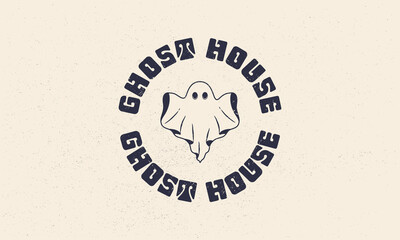 Halloween vintage label, logo. Halloween emblem with grunge texture. Ghost vintage icon. Hipster design. Print for T-shirt. Vector illustration