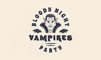 Vampire vintage label, logo. Vampire emblem with grunge texture. Halloween Vampire vintage icon. Hipster design. Print for T-shirt. Vector illustration