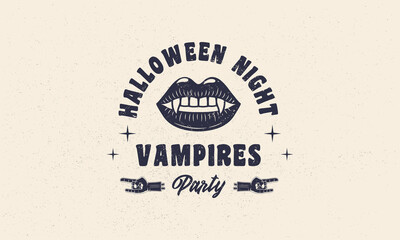 Halloween vintage label. Halloween party emblem with grunge texture. Women lips with vampire teeth and zombie hand. Hipster design. Print for T-shirt. Vector illustration - obrazy, fototapety, plakaty