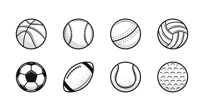 Set of 8 Sport vintage balls icons. Cricket, Baseball, American Football, Soccer, Volleyball, Golf, Basketball, Tennis. Trendy logo designs. Vector illustration.	