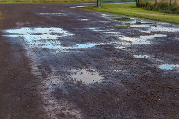 dirt road with puddles after rain