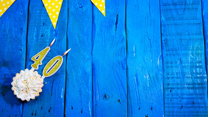  Top view copy space background festive on vintage blue boards with pie and decorations. Background...