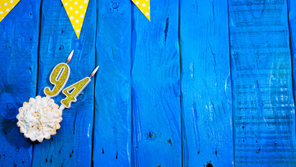 Top view copy space background festive on vintage blue boards with pie and decorations. Background...