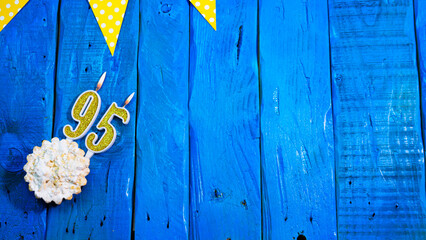 Top view copy space background festive on vintage blue boards with pie and decorations. Background...