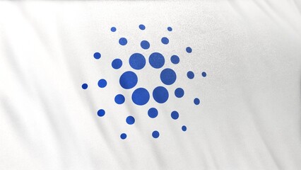 ADA Cardano Coin icon logo on white flag banner background. Concept 3D illustration for cryptocurrency and fintech using blockchain technology to secure transactions in stock exchange DeFi market.