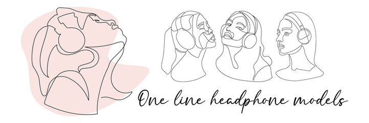 continuous single drawn one line set. girl woman or man listens to music with headphones hand-drawn picture silhouette. Line art. Fashion
