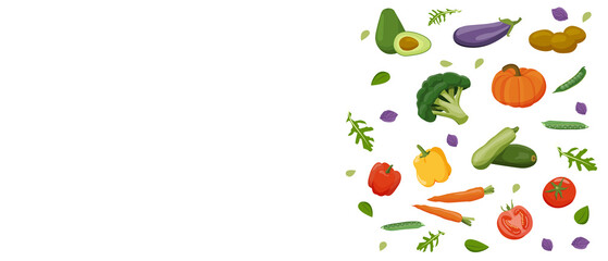 Banner of healthy food macronutrients. Fiber or cellulose presented by food products. Tomatoes, peppers, zucchini, eggplant, broccoli, cabbage, carrots, peas. vector of nutrition categories