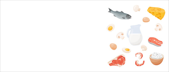Banner of healthy food macronutrients. Proteins presented by food products. Cottage cheese, meat, fish steak, shrimp, mushrooms, eggs. Vector illustration of nutrition categories. Balanced nutrition