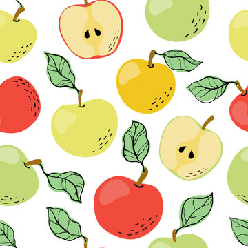 Seamless pattern with yellow, red and green apples and apple slices. Hand drawn apples pattern on white background. for fabric, drawing labels, print, wallpaper of children's room, fruit background