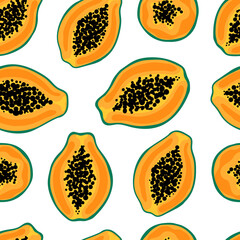 Tropical seamless pattern with yellow papaya slices. Hand drawn half papayas pattern on white background. for fabric, drawing labels, print, wallpaper of children's room, fruit background