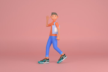 Casual brown haired boy wearing tote bag waving hands.3d rendering