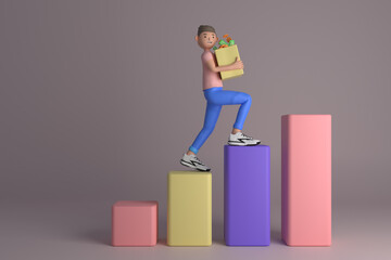 Casual brown haired boy walking on box chart carrying money. 3d rendering