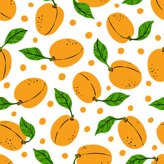 Seamless pattern with orange apricot. Hand drawn apricot pattern on white background. for fabric, drawing labels, print, wallpaper of children's room, fruit background