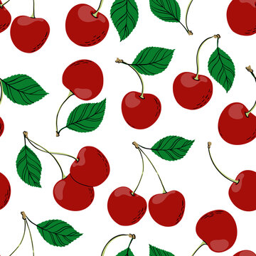 Tropical seamless pattern with doodle red cherry. Hand drawn berries cherry pattern on white background. for fabric, drawing labels, print, wallpaper of children's room, fruit sbackground
