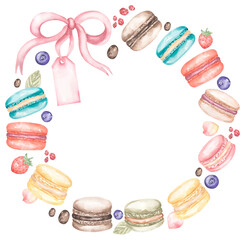 Watercolor macaron cookies illustration wreath, french bakery frame, sweets border clipart, logo design