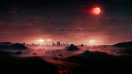 Abstract fantasy landscape red planet. Desert night landscape, fog. Fantastic, futuristic landscape. 3D illustration.