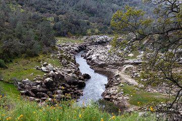 A view on a park with green grass, rocks and a creek