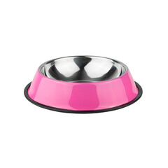 pink iron bowl for dogs and cats. photo on a white background. for advertising and banners