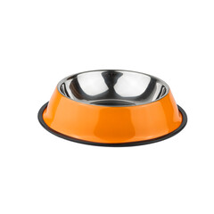 orange iron bowl for dogs and cats. photo on a white background. for advertising and banners