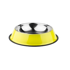 yellow iron bowl for dogs and cats. photo on a white background. for advertising and banners
