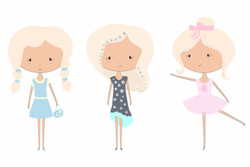 three blonde girls. Funny and cute characters. Isolated vector illustration for print, surface design, fashion.