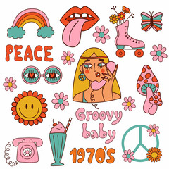 Set of Retro 70s groovy elements. 1970 vibes. Vector illustration