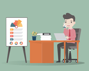 Fototapeta na wymiar Businessman sitting at desk in office, Business man using a computer and mobile phone calling. Manager or entrepreneur talking on a cellphone in a office workplace. Vector illustration.
