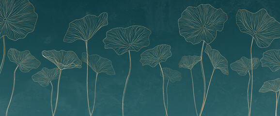 Art background in blue color with lotus leaves in gold line style hand drawing. Botanical banner for wallpaper design, decor, prints, interior design, fabric