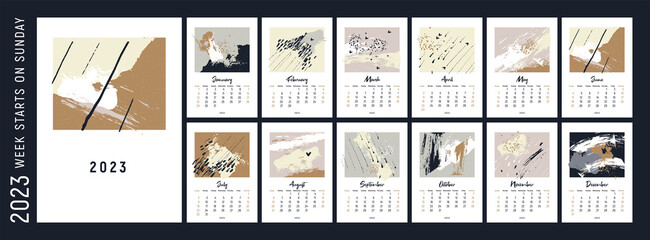 2023 calendar design. Week starts on Sunday. Calendar design 2023. Editable calender page template A4, A3.  Abstract artistic vector illustrations. Pastel background. Set of 12 months.
