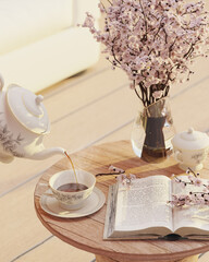 3d backdrop illustrating scene with coffee to bring peace and tranquility. Scene with coffee cup, book and vase with sakura flowers on the table