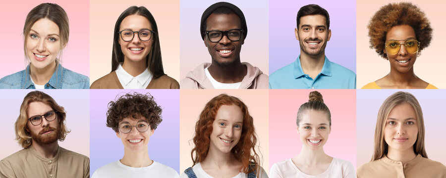 Set of portrait and face of diverse group of various young people for profile picture