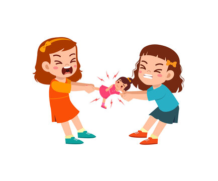 little kid pulling toy with friend and feel angry