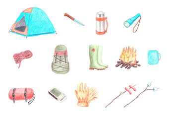 Set of camping things colored with pencils. Hand drawn illustration