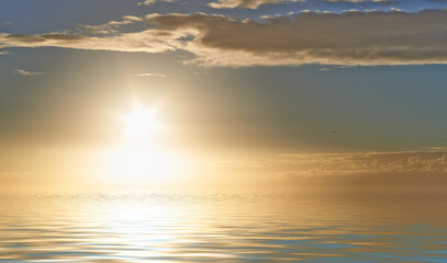 Sunrise on the horizon, light rays shining on calm ocean water with copyspace. Peaceful harmony and fresh air, details of ripples and patterns on water surface. Beautiful sunset over soft blue waves